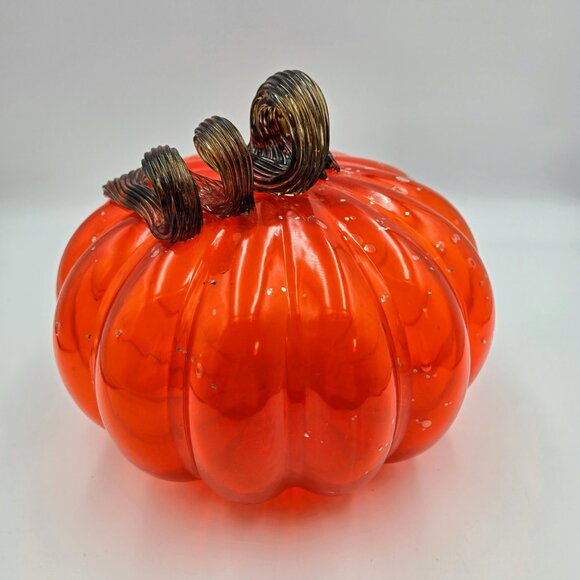 Hand Blown Art Glass Pumpkin Orange Gold Flecks Stem Halloween Fall Decoration - Picture 6 of 10